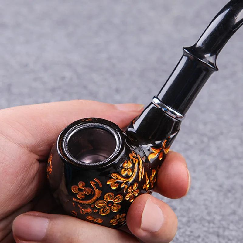 Retro Carved Smoking Tobacco Pipe Bent Pipe Filter Pipe Resin Washable Tobacco Smoking Pipe Handle Smoke Pipe Holder Men Gift